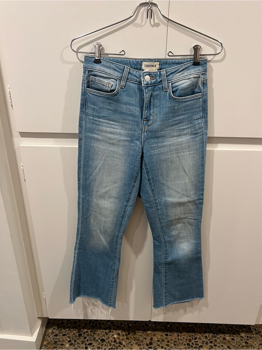 L'AGENCE Faded Light Blue Cropped Raw-Hem Jeans
